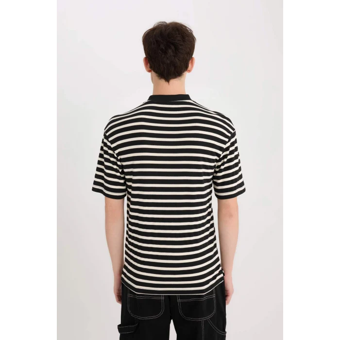 Defacto B5910 Siyah Boxy Fit Bisiklet Yaka Çizgili Kısa Kollu Ağır Kumaş Tişört