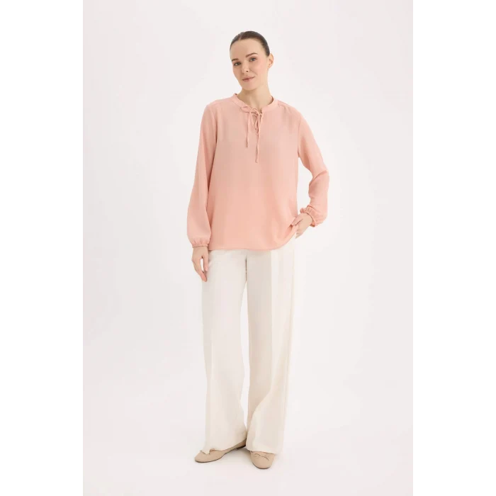 Defacto E6224 Bordo Apaş Yaka Basic Düz Uzun Kollu Bluz