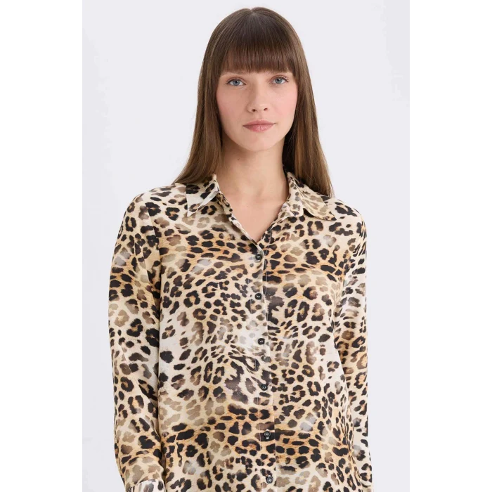 Defacto I8266 Bej Regular Fit Leopar Desenli Uzun Kollu Gömlek