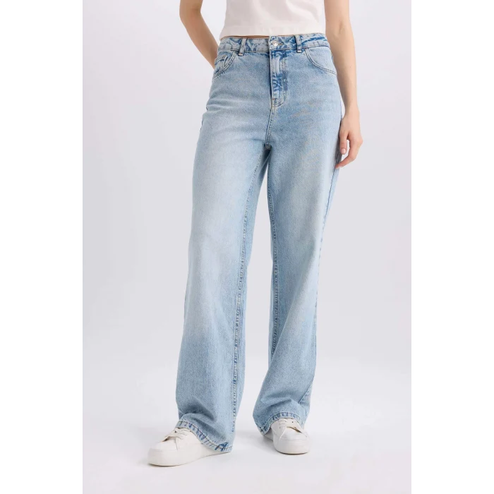 Defacto E4269 Mavi 90s Wide Leg Yüksek Bel Uzun Jean Yıkamalı Pantolon