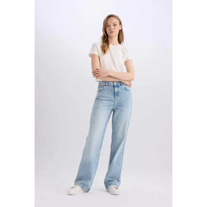 Defacto E4269 Mavi 90s Wide Leg Yüksek Bel Uzun Jean Yıkamalı Pantolon