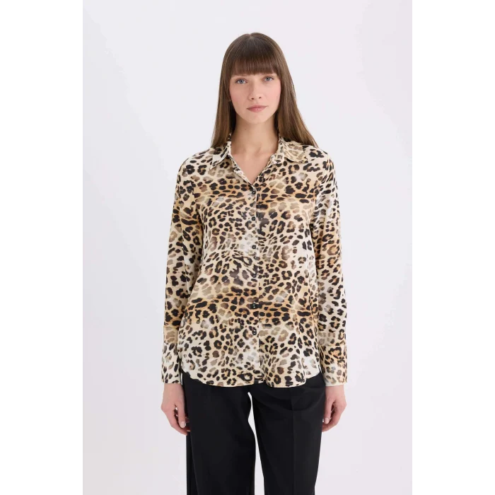 Defacto I8266 Bej Regular Fit Leopar Desenli Uzun Kollu Gömlek