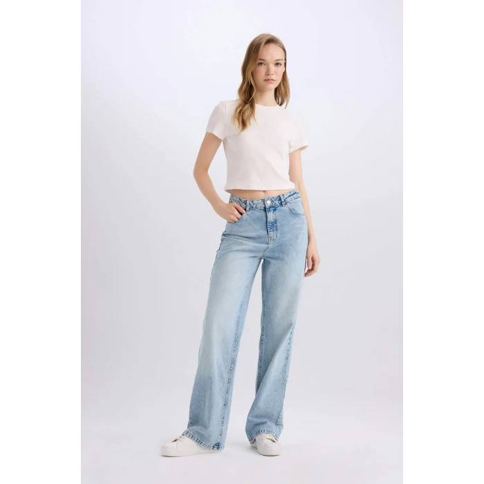 Defacto E4269 Mavi 90s Wide Leg Yüksek Bel Uzun Jean Yıkamalı Pantolon