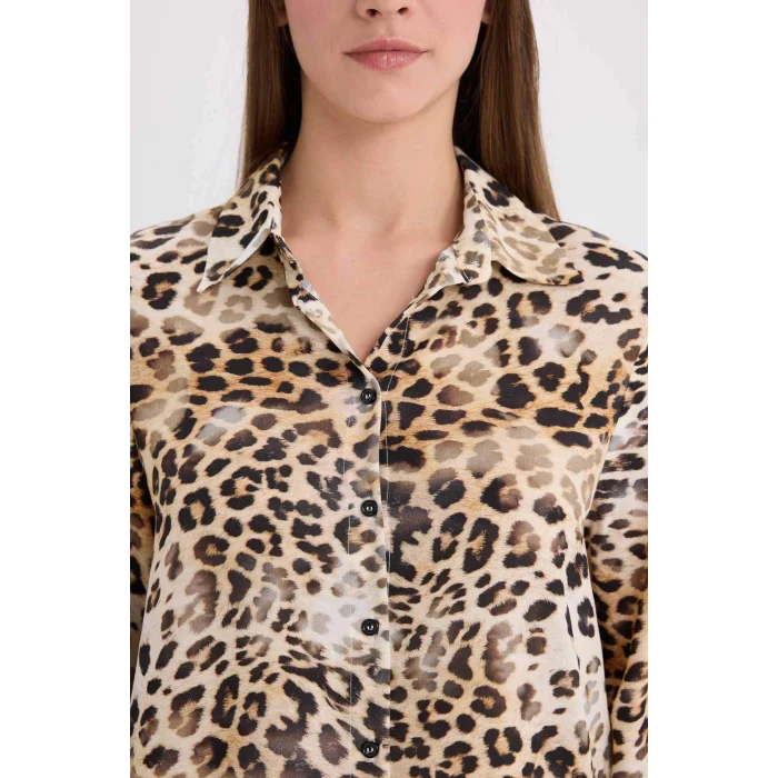 Defacto I8266 Bej Regular Fit Leopar Desenli Uzun Kollu Gömlek
