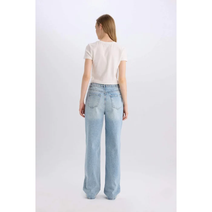 Defacto E4269 Mavi 90s Wide Leg Yüksek Bel Uzun Jean Yıkamalı Pantolon
