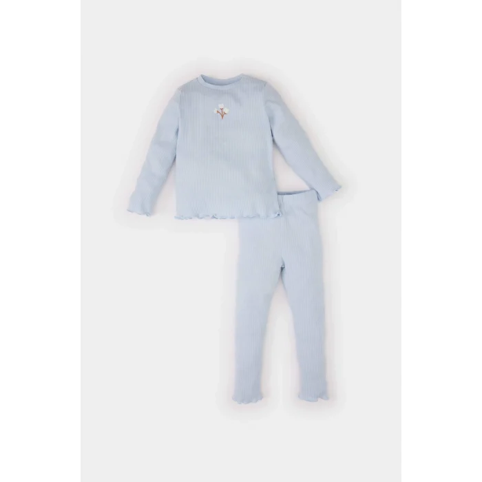 Defacto Y1122 Mavi Kız Bebek 2li Takım Çiçekli Fitilli Kaşkorse Uzun Kollu Tişört Üst Beli Lastikli Alt