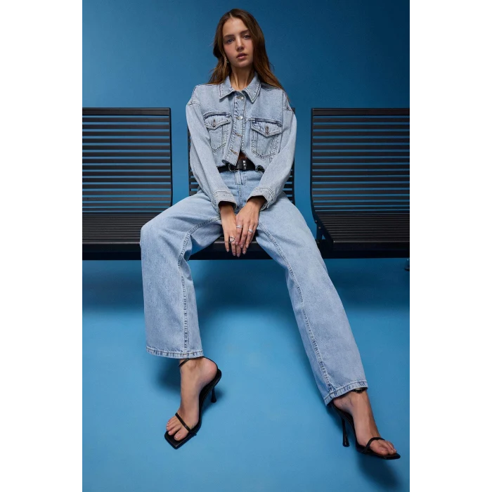 Defacto E4269 Mavi 90s Wide Leg Yüksek Bel Uzun Jean Yıkamalı Pantolon