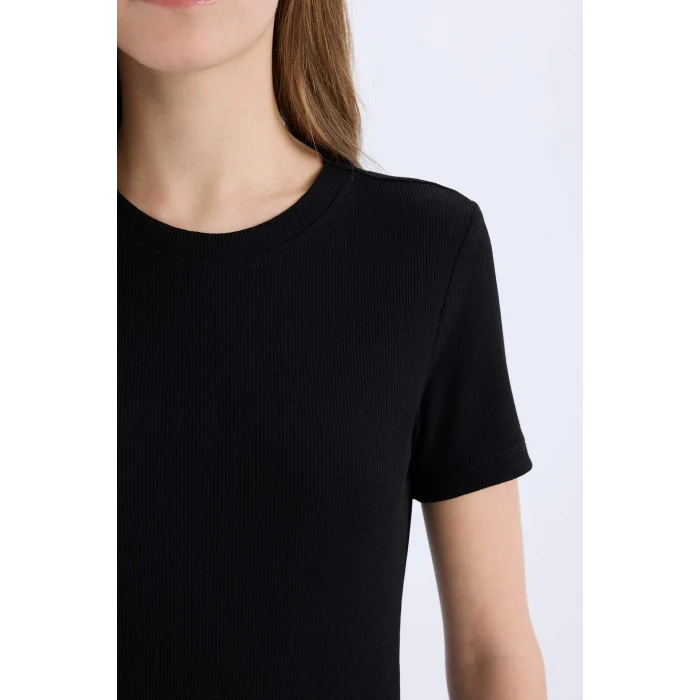 Defacto E7231 Siyah Coool Bodycon Vücudu Saran Bisiklet Yaka Fitilli Kaşkorse Kısa Kollu Mini Elbise