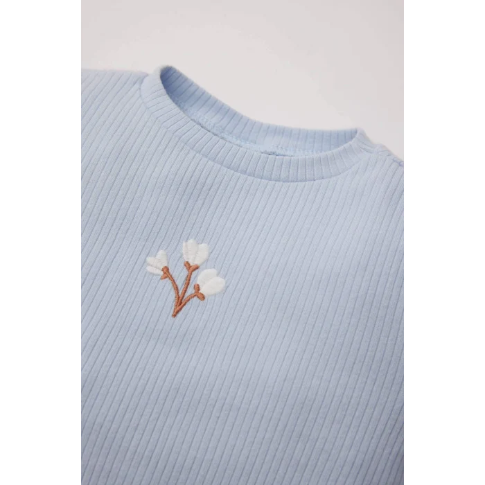 Defacto Y1122 Mavi Kız Bebek 2li Takım Çiçekli Fitilli Kaşkorse Uzun Kollu Tişört Üst Beli Lastikli Alt