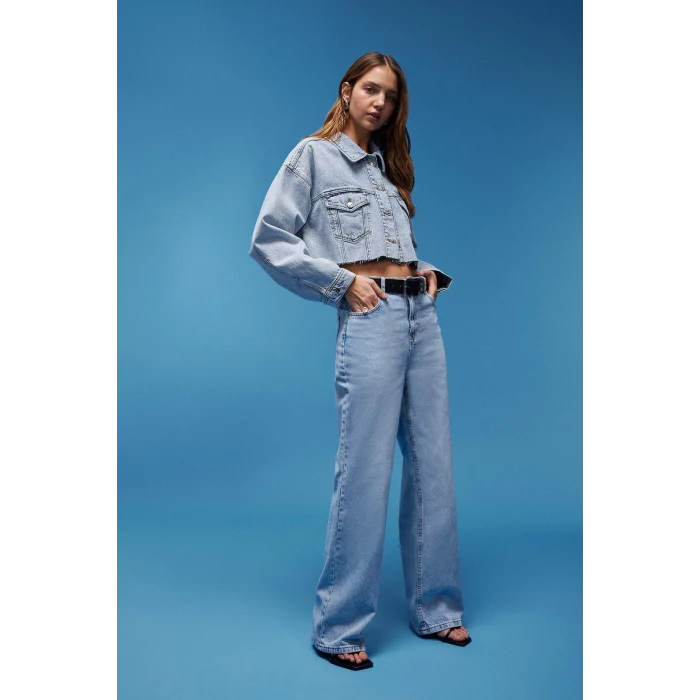 Defacto E4269 Mavi 90s Wide Leg Yüksek Bel Uzun Jean Yıkamalı Pantolon