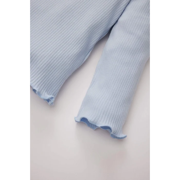 Defacto Y1122 Mavi Kız Bebek 2li Takım Çiçekli Fitilli Kaşkorse Uzun Kollu Tişört Üst Beli Lastikli Alt