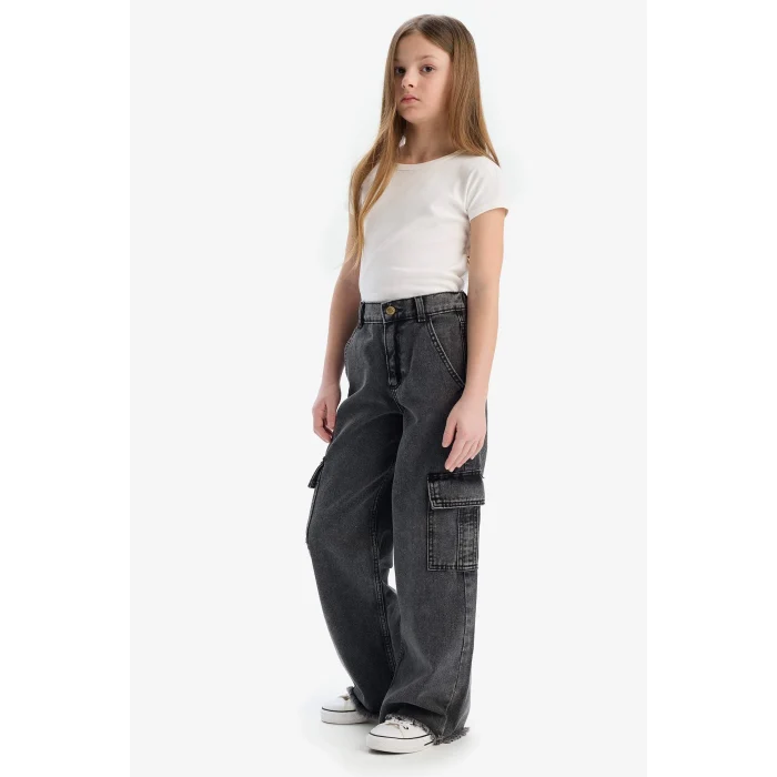 Defacto D7090 DENIM Kız Çocuk Wide Leg Kargo Geniş Bol Paça Pamuklu Jean Pantolon