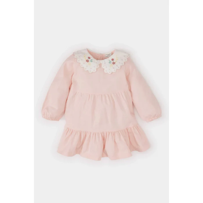Defacto D9565 Pembe Kız Bebek Bebe Yaka Çiçek Nakışlı Uzun Kollu Twill Elbise