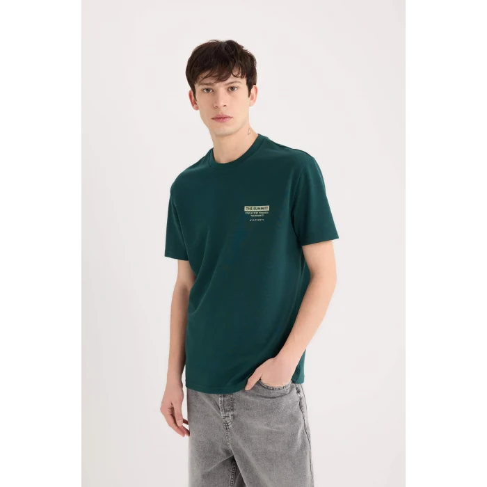Defacto D5495 Yeşil Regular Fit Bisiklet Yaka Baskılı Kısa Kollu Ağır Kumaş Tişört