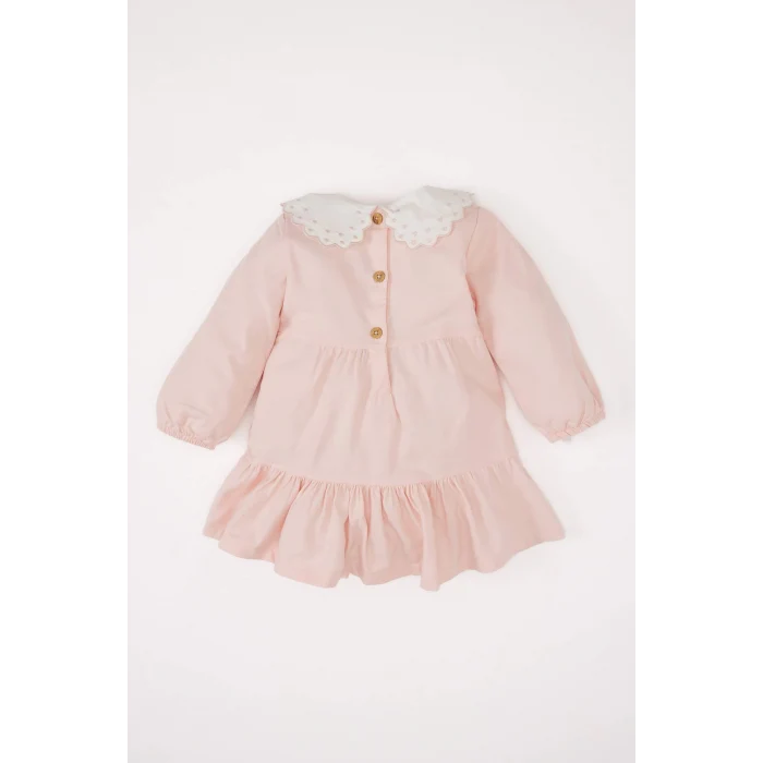 Defacto D9565 Pembe Kız Bebek Bebe Yaka Çiçek Nakışlı Uzun Kollu Twill Elbise