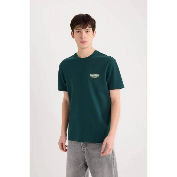 Defacto D5495 Yeşil Regular Fit Bisiklet Yaka Baskılı Kısa Kollu Ağır Kumaş Tişört