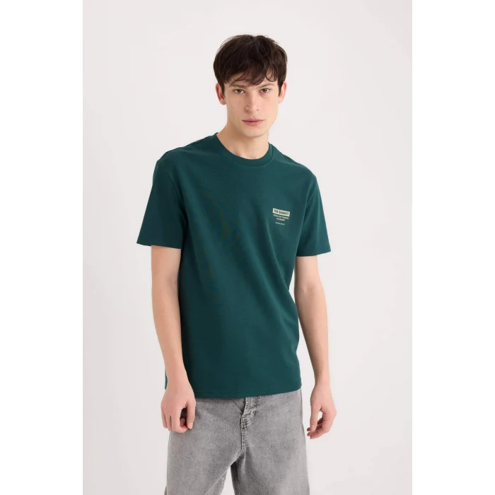 Defacto D5495 Yeşil Regular Fit Bisiklet Yaka Baskılı Kısa Kollu Ağır Kumaş Tişört