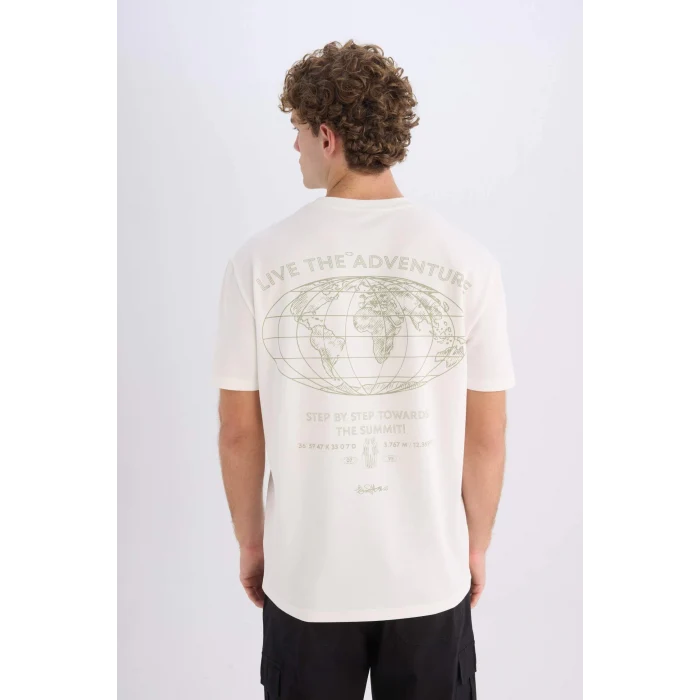 Defacto D7331 Ekru Regular Fit Bisiklet Yaka Sırt Baskılı Kısa Kollu Ağır Kumaş Tişört