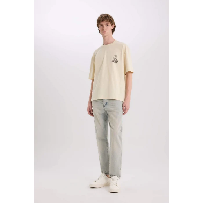 Defacto B8098 Bej One Piece Oversize Geniş Kalıp Bisiklet Yaka Baskılı Kısa Kollu Tişört