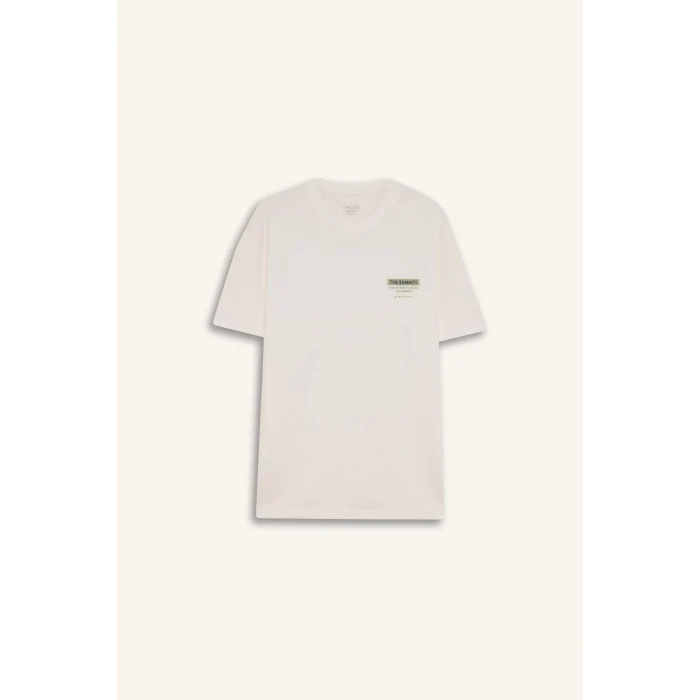 Defacto D7331 Ekru Regular Fit Bisiklet Yaka Sırt Baskılı Kısa Kollu Ağır Kumaş Tişört