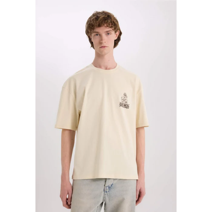 Defacto B8098 Bej One Piece Oversize Geniş Kalıp Bisiklet Yaka Baskılı Kısa Kollu Tişört