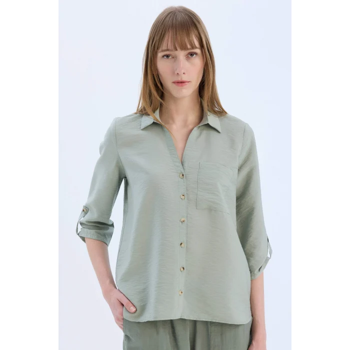 Defacto M9407 Yeşil Regular Fit Basic Düz Uzun Kollu Gömlek