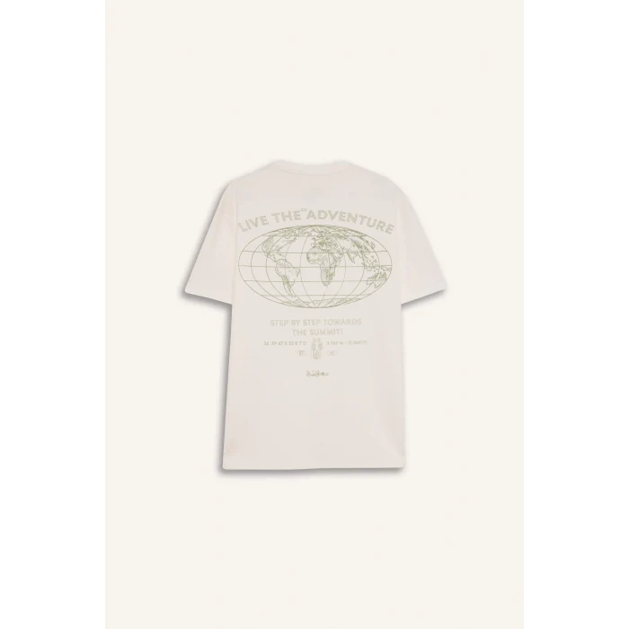 Defacto D7331 Ekru Regular Fit Bisiklet Yaka Sırt Baskılı Kısa Kollu Ağır Kumaş Tişört