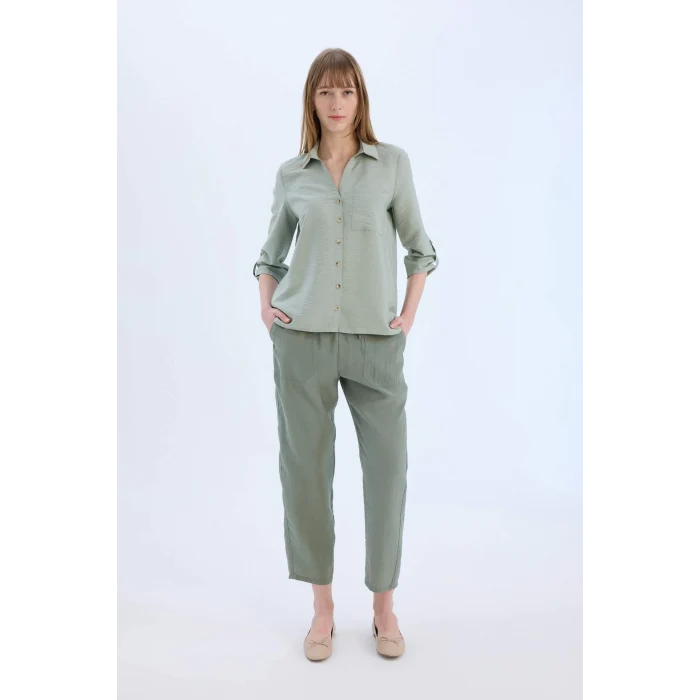 Defacto M9407 Yeşil Regular Fit Basic Düz Uzun Kollu Gömlek