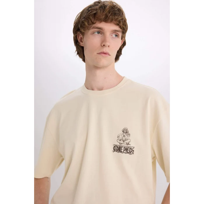 Defacto B8098 Bej One Piece Oversize Geniş Kalıp Bisiklet Yaka Baskılı Kısa Kollu Tişört