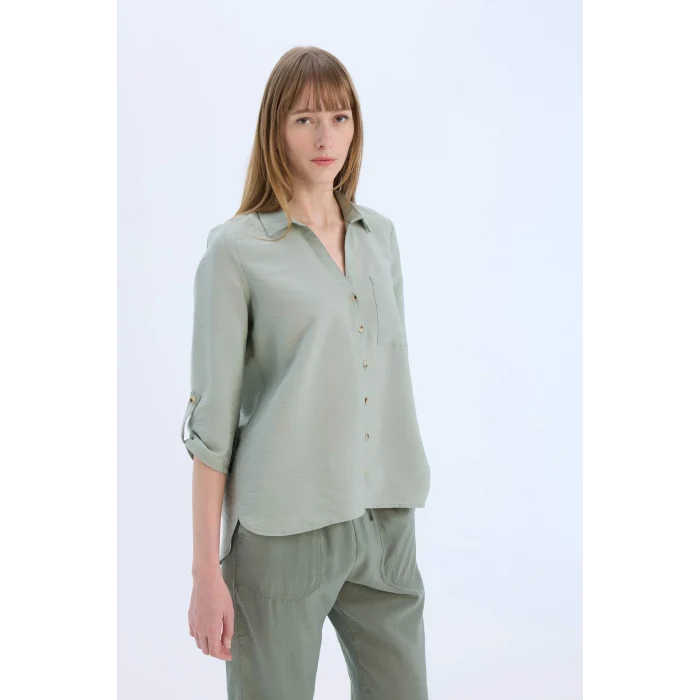 Defacto M9407 Yeşil Regular Fit Basic Düz Uzun Kollu Gömlek