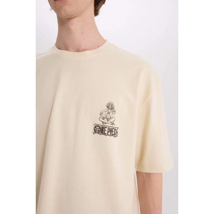 Defacto B8098 Bej One Piece Oversize Geniş Kalıp Bisiklet Yaka Baskılı Kısa Kollu Tişört