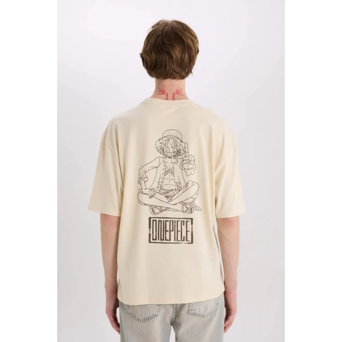 Defacto B8098 Bej One Piece Oversize Geniş Kalıp Bisiklet Yaka Baskılı Kısa Kollu Tişört