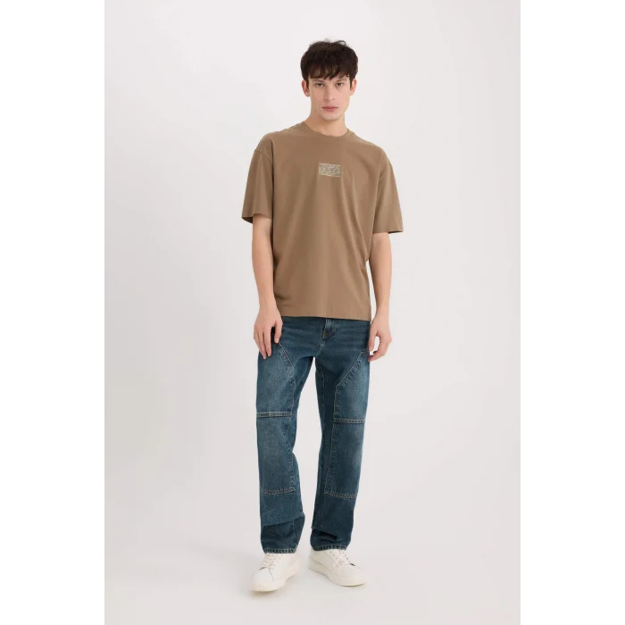 Defacto D9347 Kahve Oversize Geniş Kalıp Bisiklet Yaka Sırt Baskılı Kısa Kollu Tişört