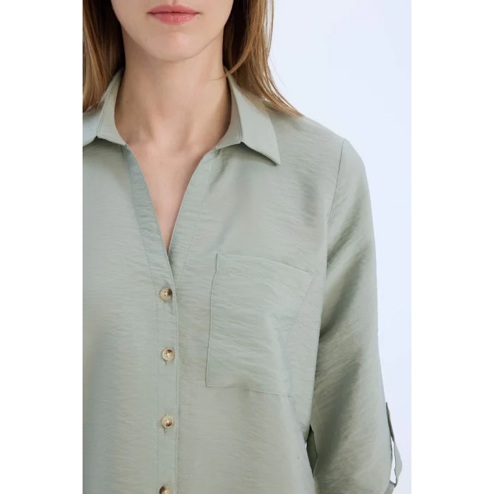 Defacto M9407 Yeşil Regular Fit Basic Düz Uzun Kollu Gömlek