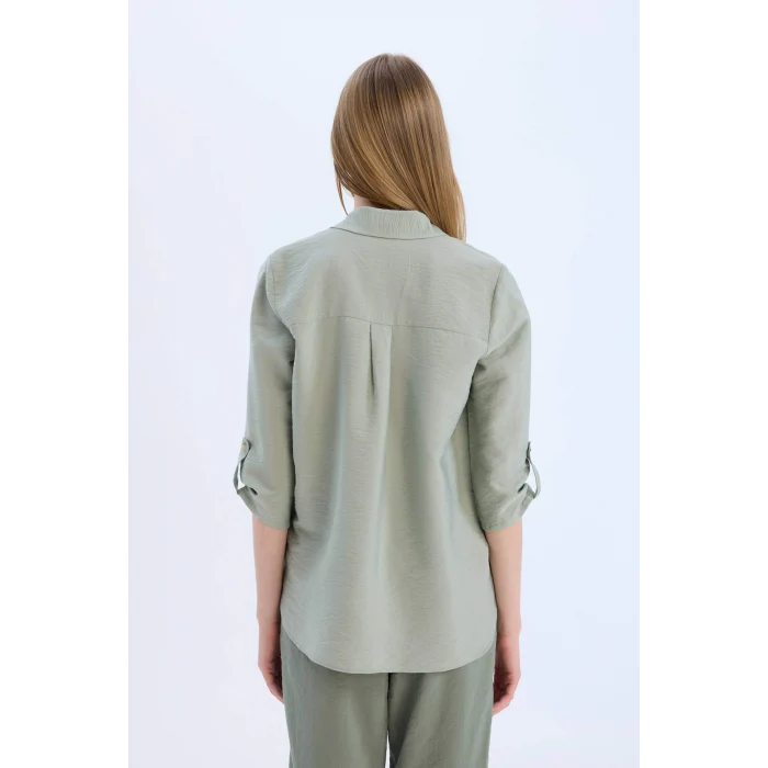 Defacto M9407 Yeşil Regular Fit Basic Düz Uzun Kollu Gömlek