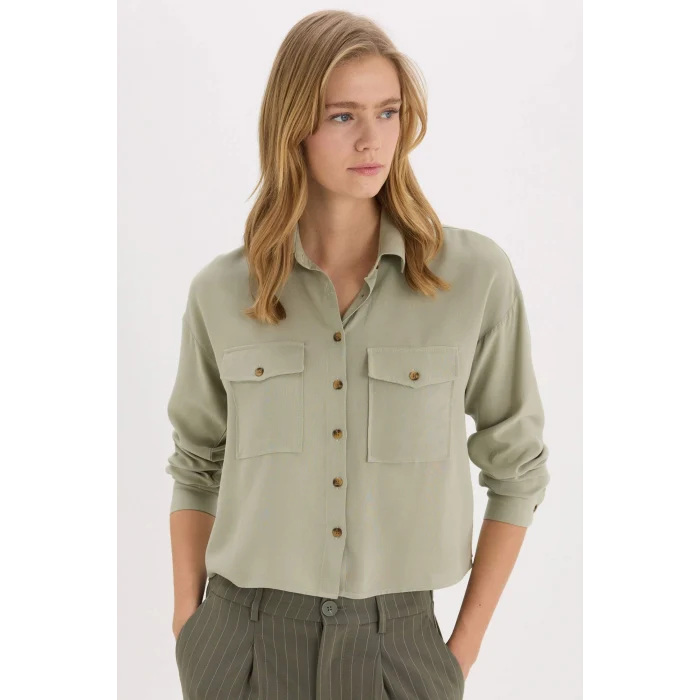 Defacto A5380 Yeşil Regular Fit Viskon Uzun Kollu Gömlek