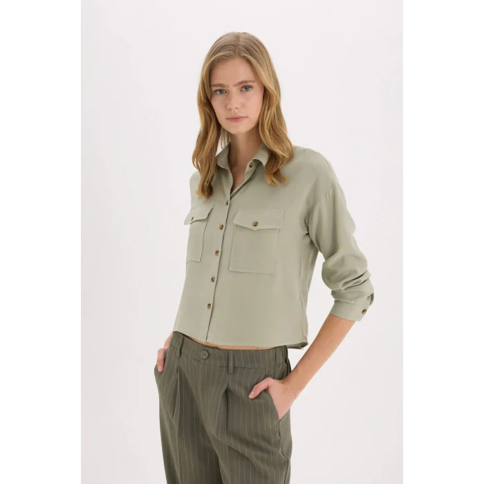 Defacto A5380 Yeşil Regular Fit Viskon Uzun Kollu Gömlek