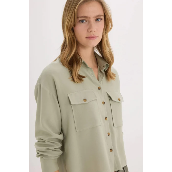 Defacto A5380 Yeşil Regular Fit Viskon Uzun Kollu Gömlek