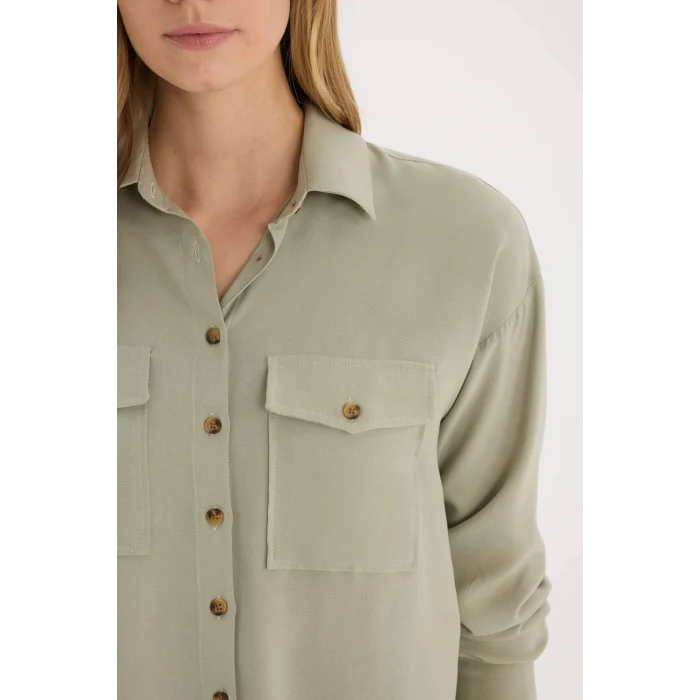 Defacto A5380 Yeşil Regular Fit Viskon Uzun Kollu Gömlek