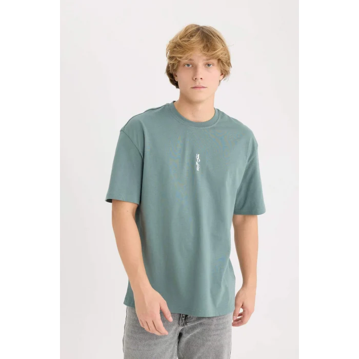 Defacto D9845 Yeşil Batman Boxy Fit Bisiklet Yaka Sırt Baskılı Kısa Kollu Tişört