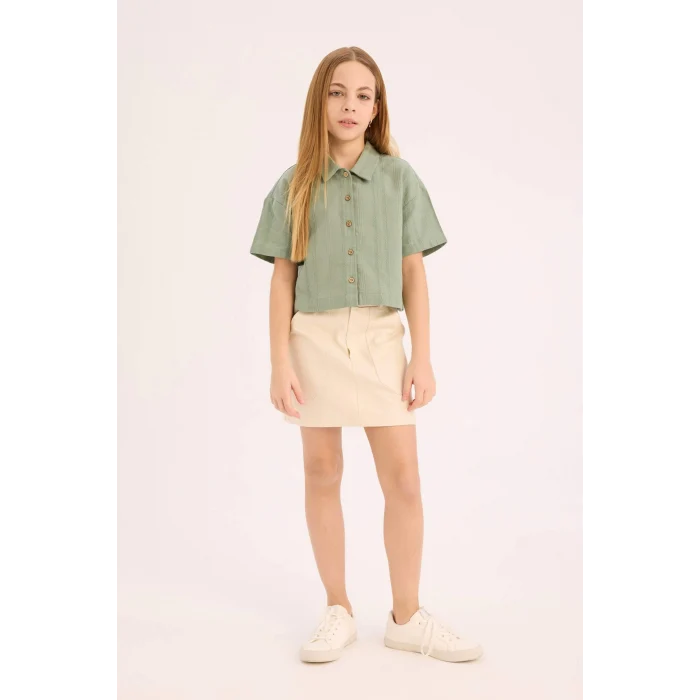 Defacto D9143 Yeşil Kız Çocuk Crop Keten Kısa Kollu Gömlek