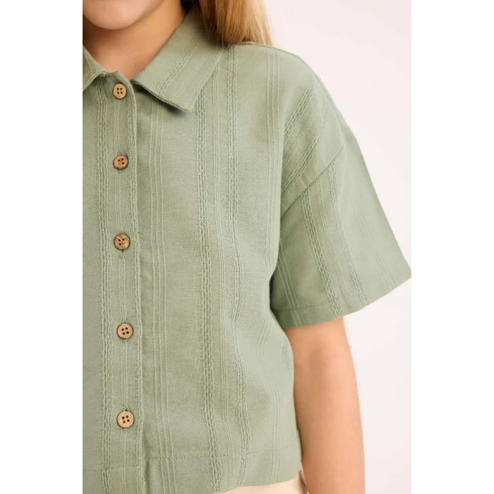 Defacto D9143 Yeşil Kız Çocuk Crop Keten Kısa Kollu Gömlek
