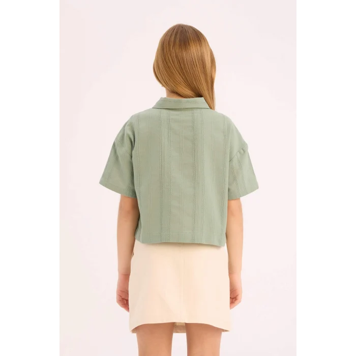Defacto D9143 Yeşil Kız Çocuk Crop Keten Kısa Kollu Gömlek