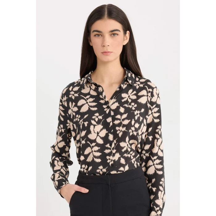 Defacto E4347 Siyah Oversize Geniş Kalıp Desenli Uzun Kollu Gömlek Tunik