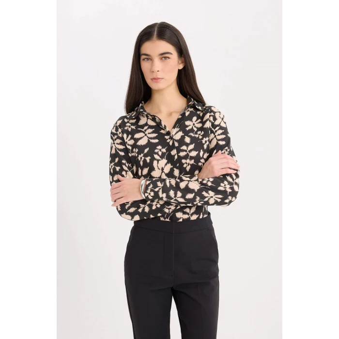 Defacto E4347 Siyah Oversize Geniş Kalıp Desenli Uzun Kollu Gömlek Tunik