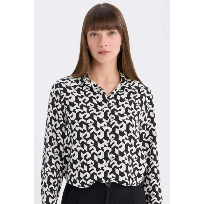 Defacto I8266 Siyah Regular Fit  Baskılı Uzun Kollu Gömlek