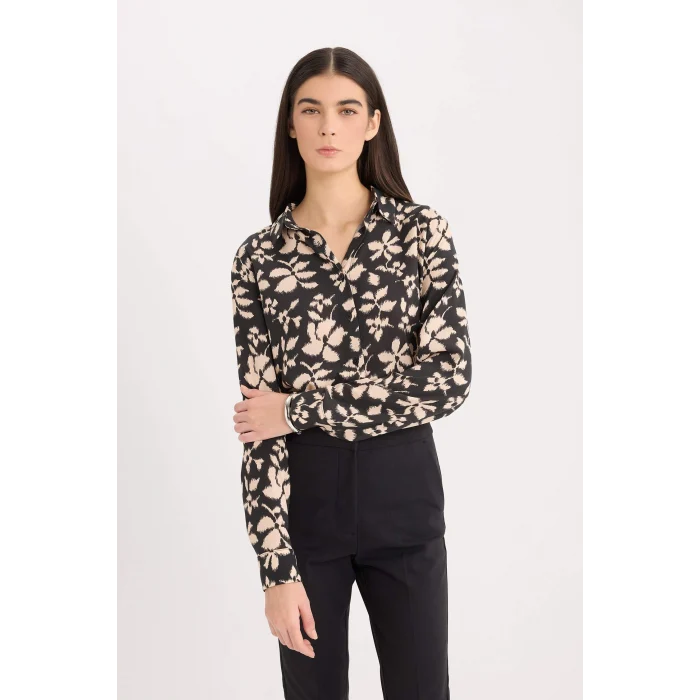 Defacto E4347 Siyah Oversize Geniş Kalıp Desenli Uzun Kollu Gömlek Tunik