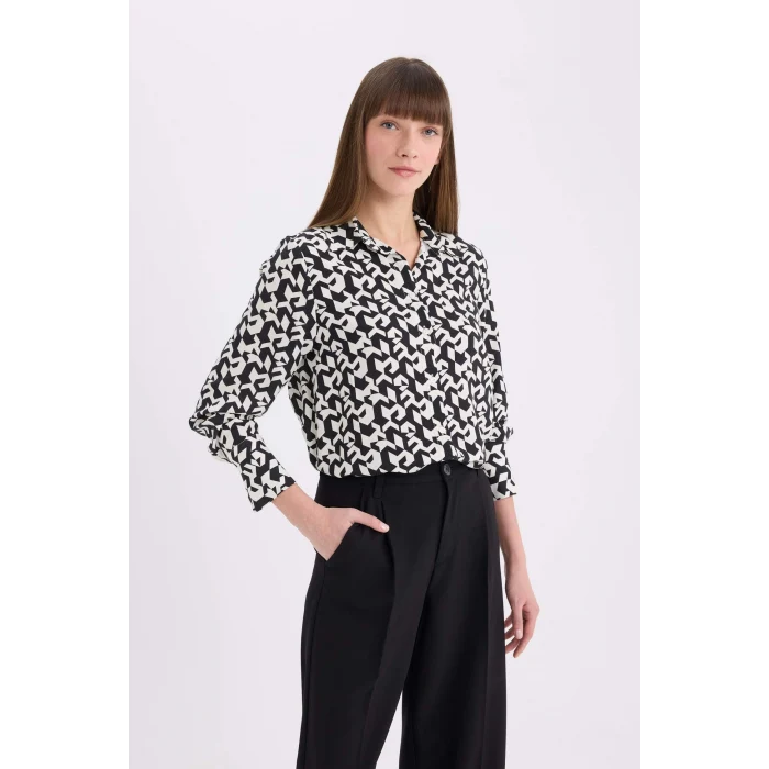 Defacto I8266 Siyah Regular Fit  Baskılı Uzun Kollu Gömlek
