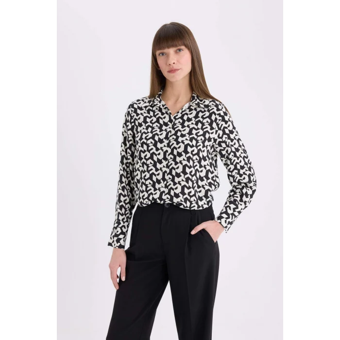 Defacto I8266 Siyah Regular Fit  Baskılı Uzun Kollu Gömlek