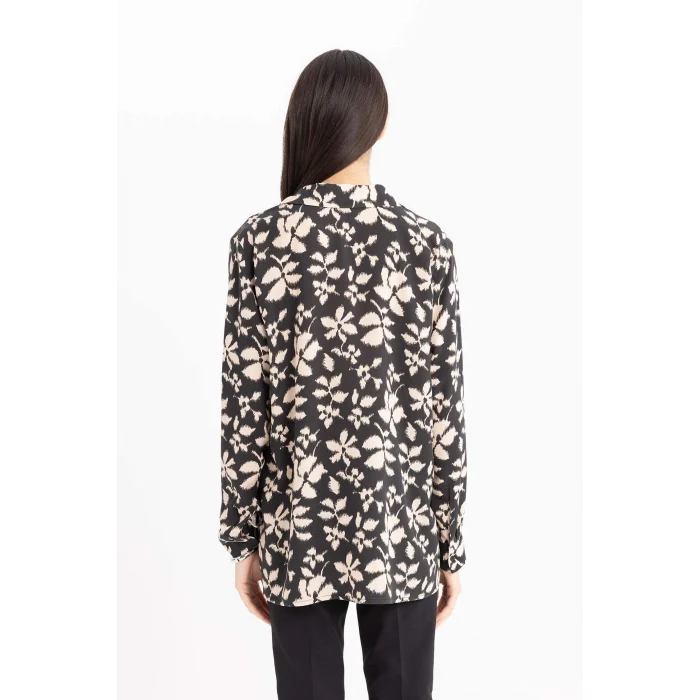 Defacto E4347 Siyah Oversize Geniş Kalıp Desenli Uzun Kollu Gömlek Tunik